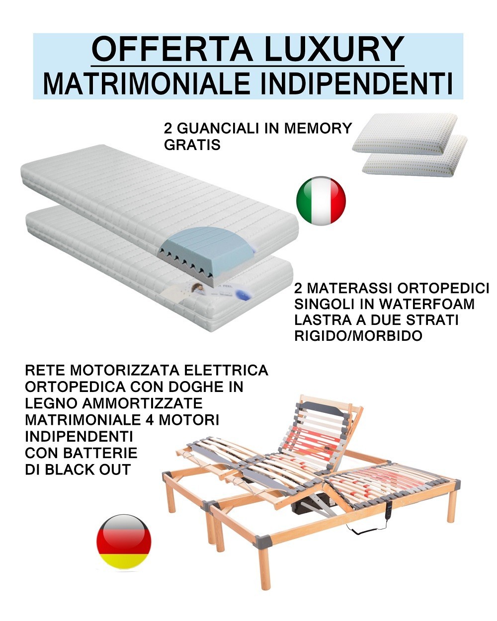 Materassi Matrimoniali Scontati.Offerta Luxury Rete Elettrica 2 Materassi 2 Guanciali Prezzi Scon