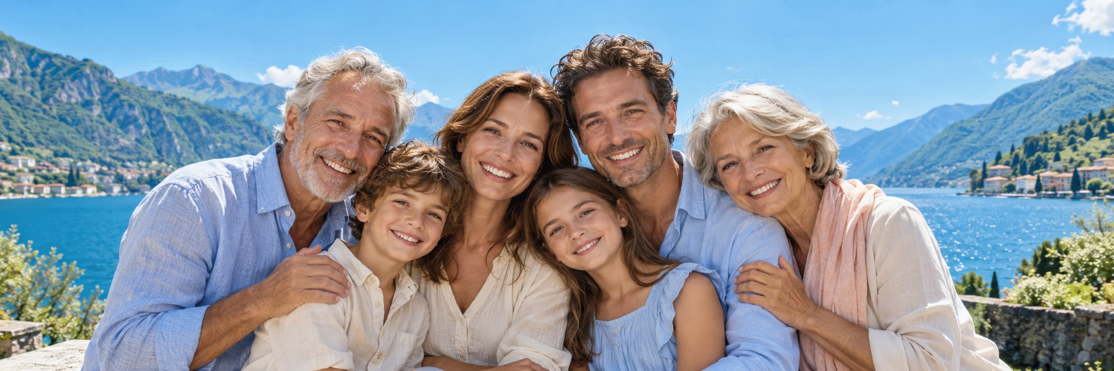 Famiglia felice con bambini, genitori e nonni davanti al lago, montagne verdi e cielo azzurro