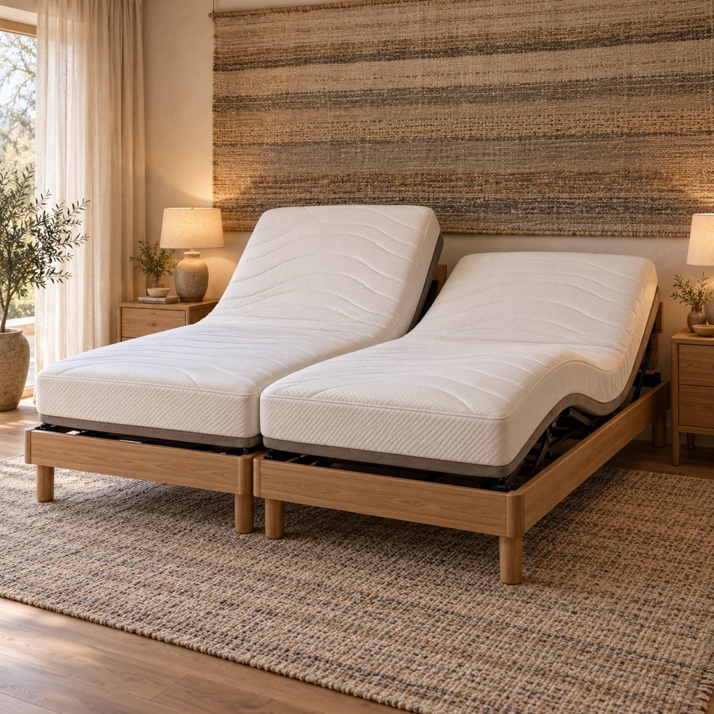 Due reti elettriche con materassi indipendenti e schienali regolabili, ambientate in camera da letto